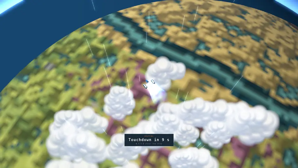 A ship falling through white clouds over the blocky ground of a planet, its curve against dark blue space, a 'Touchdown in 9 s' marker below.