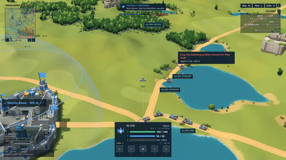 Allied gunships over a column of blue tanks and artillery on a road between a lake and a walled town, the flight interface around it.