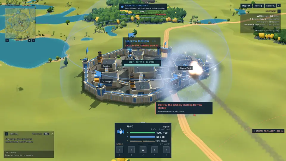 A pale stone town with blue banners under its shield dome, an artillery shell bursting on the dome, the flight interface around it asking the pilot to destroy the artillery.